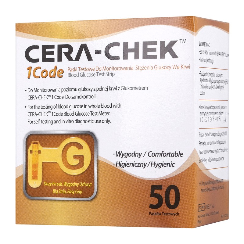 Cera-Chek 1 Code Teststreifen für präzise Blutzuckermessung, kompatibel mit Cera-Chek 1 Code Glukometer, hygienisch und patentiert, 50 Stück
