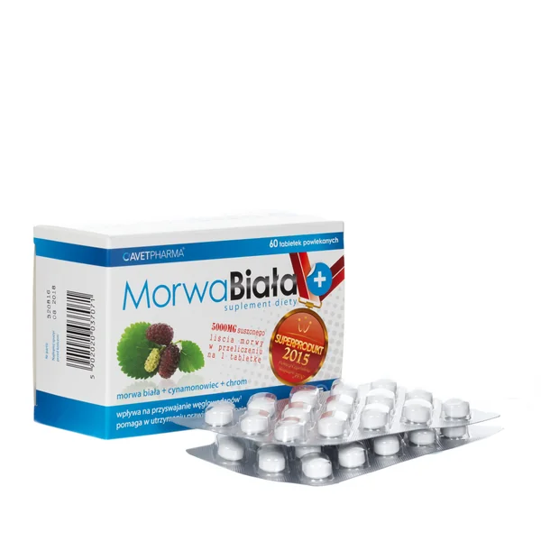 Bild des Morwa Biała Plus Nahrungsergänzungsmittels, das Extrakte aus weißen Maulbeerblättern und Zimtrinde enthält, zur Unterstützung des Blutzuckerspiegels