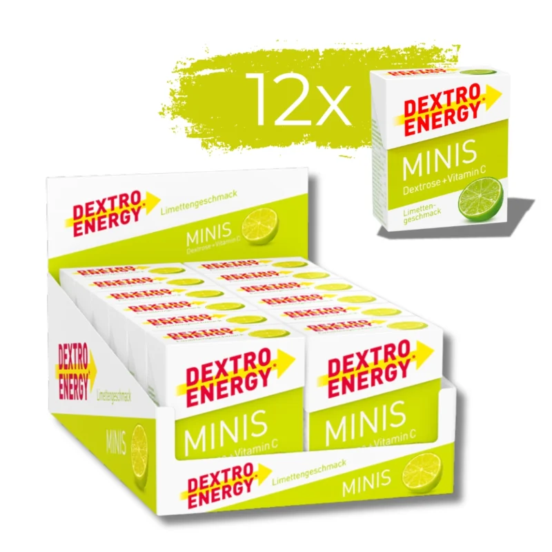 Dextro Energy Minis Glukosetabletten Limettengeschmack in einer praktischen Verpackung für schnelle Energie