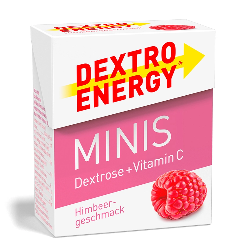 Dextro Energy Minis Himbeergeschmack mit Vitamin C, schnelle Energie in handlichen Tabletten. Ideal für unterwegs