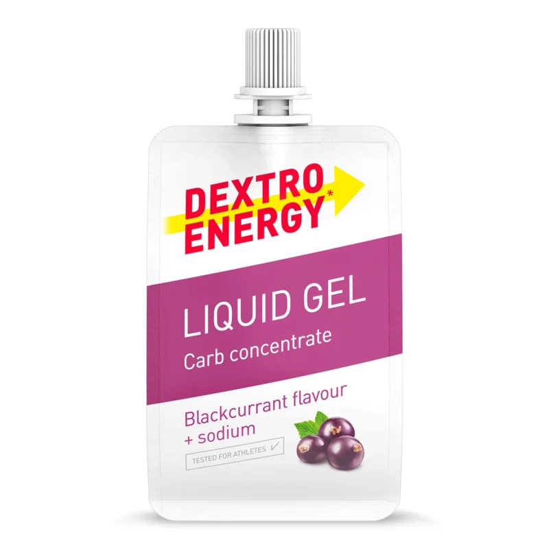 Dextro Energy flüssiges Energiegel mit schwarzem Johannisbeergeschmack und Natrium für mehr Energie im Ausdauersport