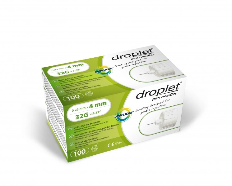 Droplet® 32G Insulinnadeln, 4mm x 0,23mm, idealne für Insulinpen, komfortable und sanfte Injektion, kompatibel mit gängigen Insulinpens