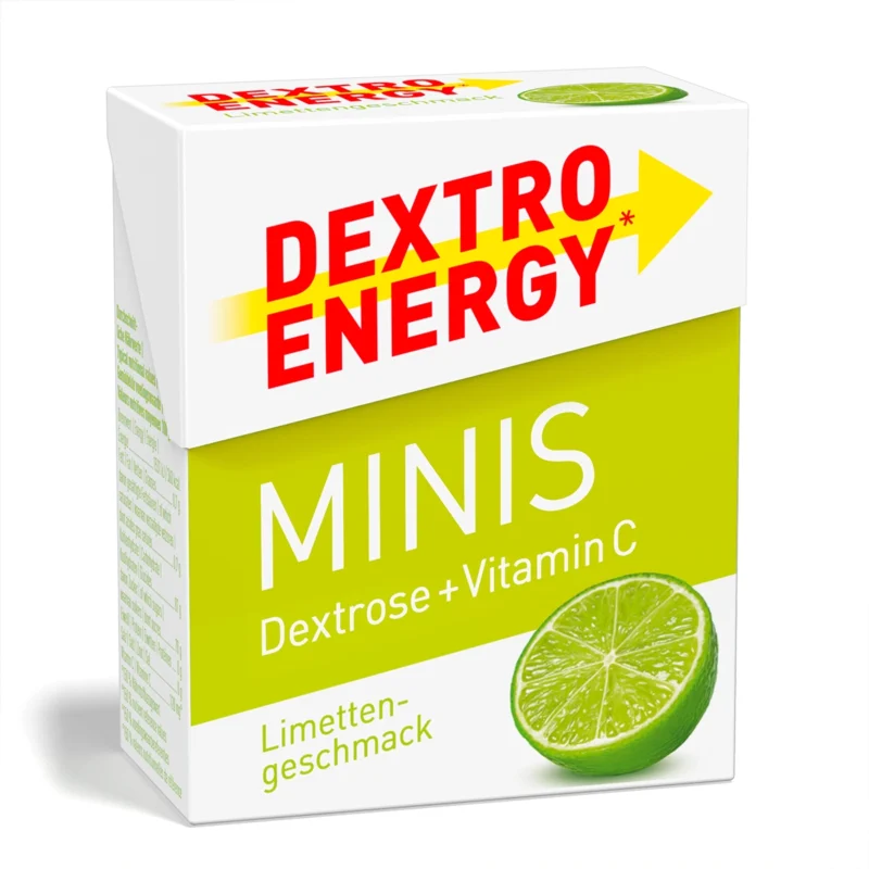 Dextro Energy Minis Limettengeschmack, Glukose-Tabletten in praktischer Verpackung, schnelle Energie für den Alltag oder Sport
