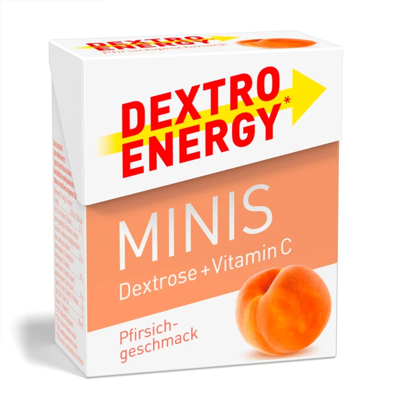 Dextro Energy Minis mit Pfirsichgeschmack – praktische Glukosetabletten für einen schnellen Energieschub, ideal für den täglichen Bedarf