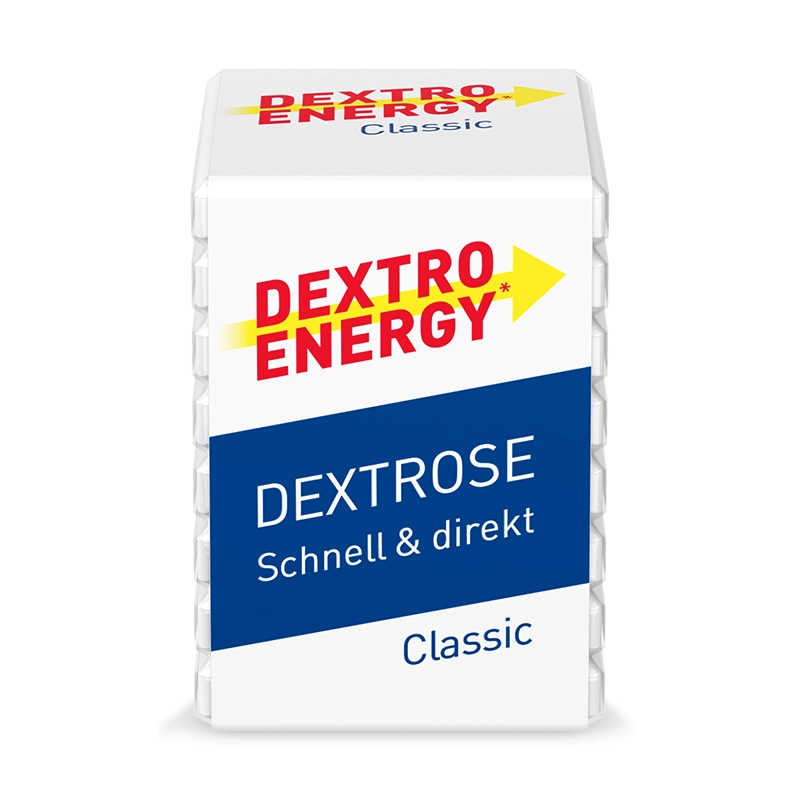 Dextro Energy Classic Glukosetabletten in einem handlichen Paket, ideal für schnelle Energiezufuhr und einfache Dosierung, mit dem Geschmack von Fruchtaromen