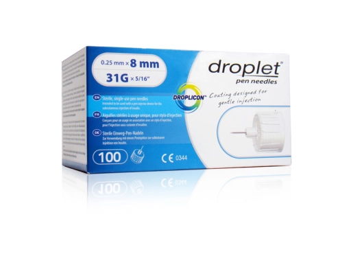 Droplet® Insulin Nadeln 31G, 8mm x 0.25mm für schmerzfreie Insulin-Injektionen, kompatibel mit vielen Insulin Pens