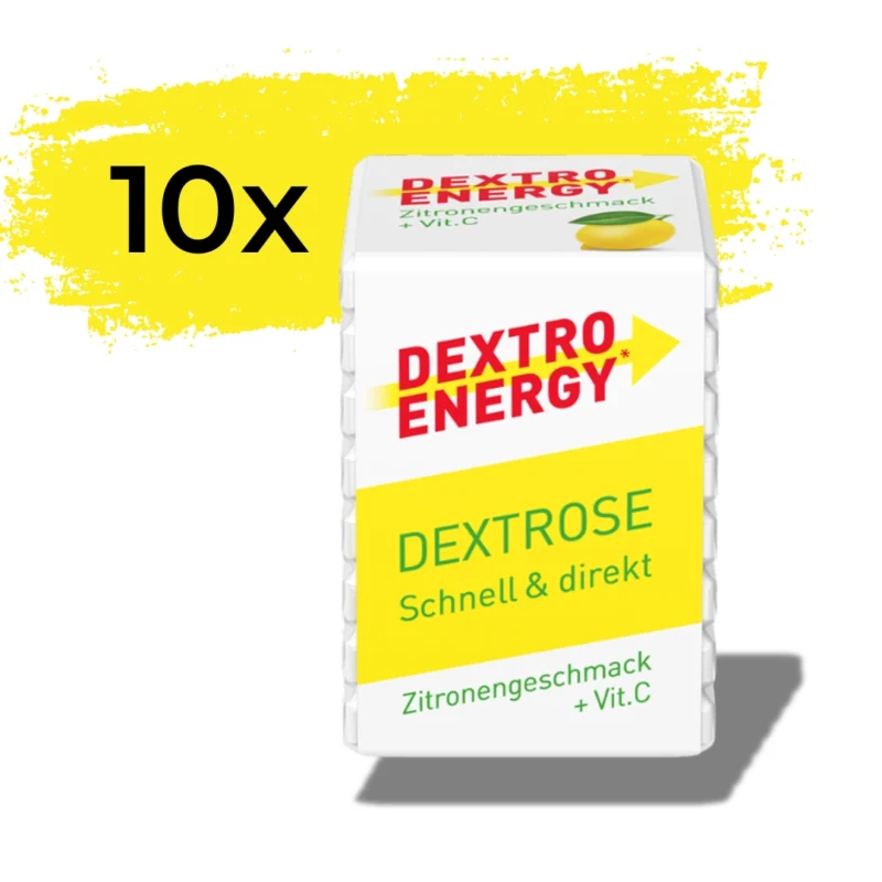 Dextro Energy Glukosetabletten mit Zitronengeschmack in praktischer Verpackung, die schnelle Energie und Blutzuckersteigerung bieten