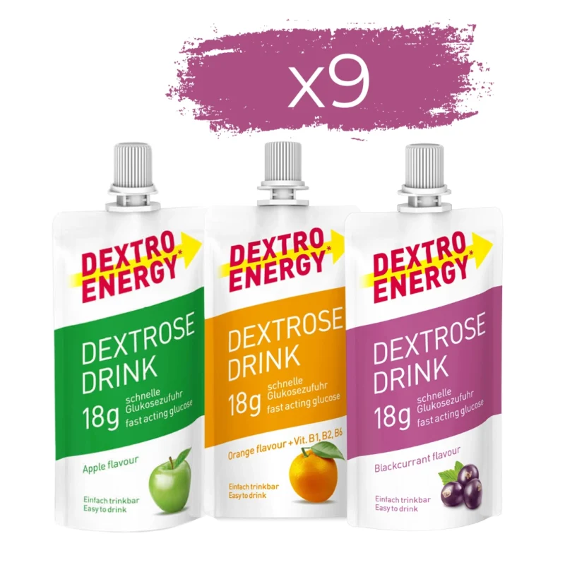 Dextro Energy Flüssiggel in Apfel, Orange und schwarze Johannisbeere, bietet schnelle Energie und ist ideal für Sportler oder bei niedrigem Blutzucker