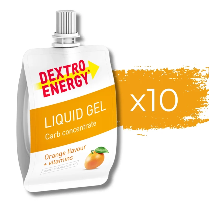 Dextro Energy Flüssiggel mit Orangengeschmack, Energielieferant für Ausdauersportler, in praktischer 60 ml Packung.