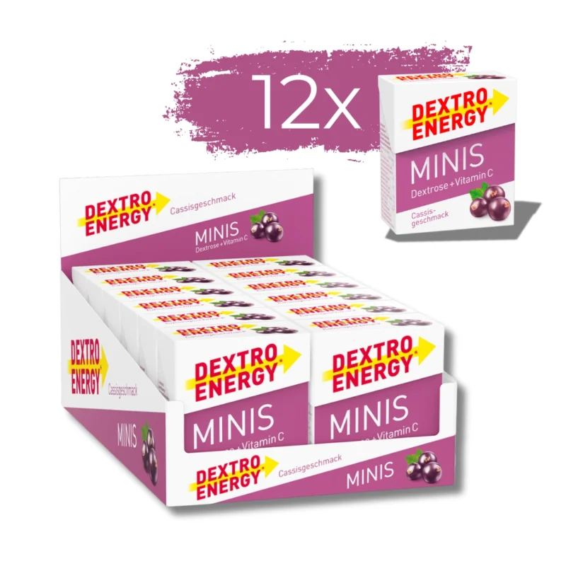 Dextro Energy Minis Glukosetabletten mit schwarzem Johannisbeer-Geschmack – schnelle Energie für unterwegs, praktische Packung mit 33 Tabletten