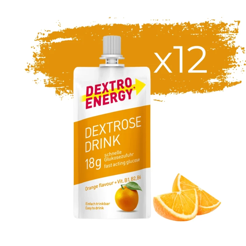 Flüssige Glukose Dextro Energy Gel in praktischen Verpackungen für schnelle Energie und Blutzuckerauffüllung bei Unterzuckerung.