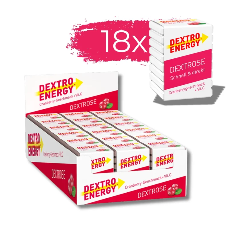 Dextro Energy Cranberry mit Vitamin C – Glukosetabletten für schnelle Energie und erhöhten Blutzuckerspiegel. 46g (8 Tabletten) in einer praktischen Verpackung
