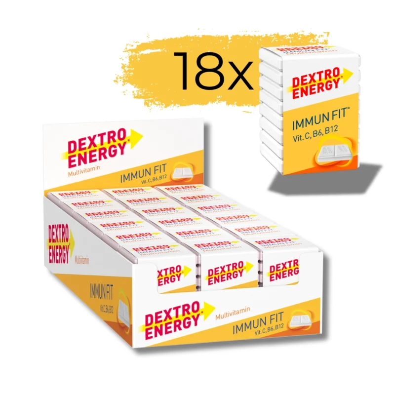 Dextro Energy Glukosetabletten mit Vitamin C und Multivitaminen in der praktischen Verpackung für schnelle Energielieferung