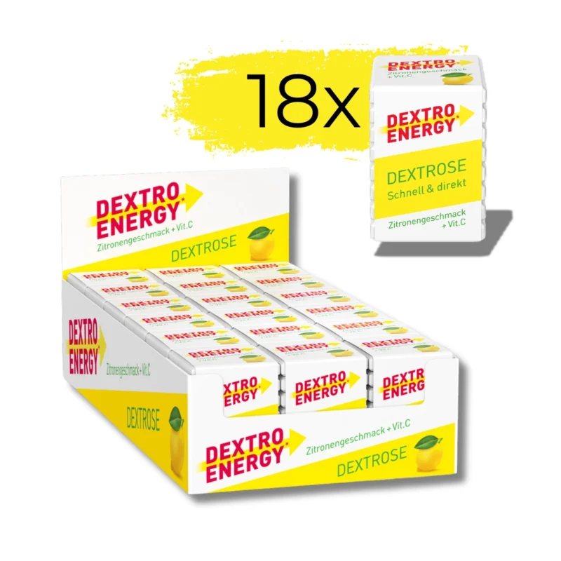Dextro Energy Glukosewürfel Zitrone mit Vitamin C, 18 Stück, 46g – schnelle Energiezufuhr bei niedrigem Blutzuckerspiegel, praktisches, handliches Format