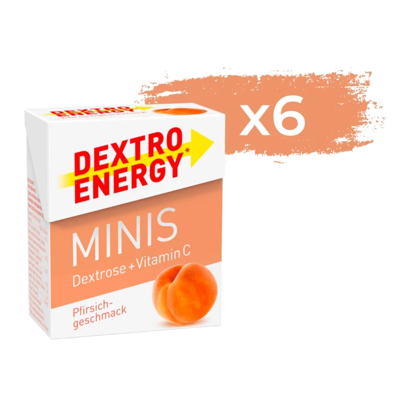 Dextro Energy Minis in praktischer Verpackung, Glukosetabletten mit Pfirsichgeschmack, schnelle Energiezufuhr für unterwegs