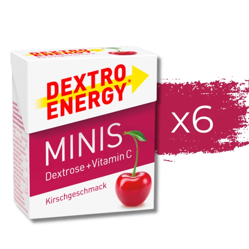 Dextro Energy Minis Glukosetabletten im handlichen Format mit Kirschgeschmack für schnelle Energie. Ideal für unterwegs und bei erhöhtem Energiebedarf