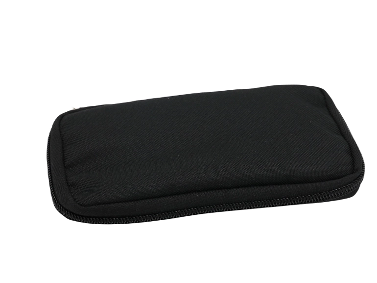 Schwarzes Etui für Blutzuckermessgerät und Zubehör, mit verschiedenen Schlaufen und einer kleinen Tasche, ideal für Diabetiker