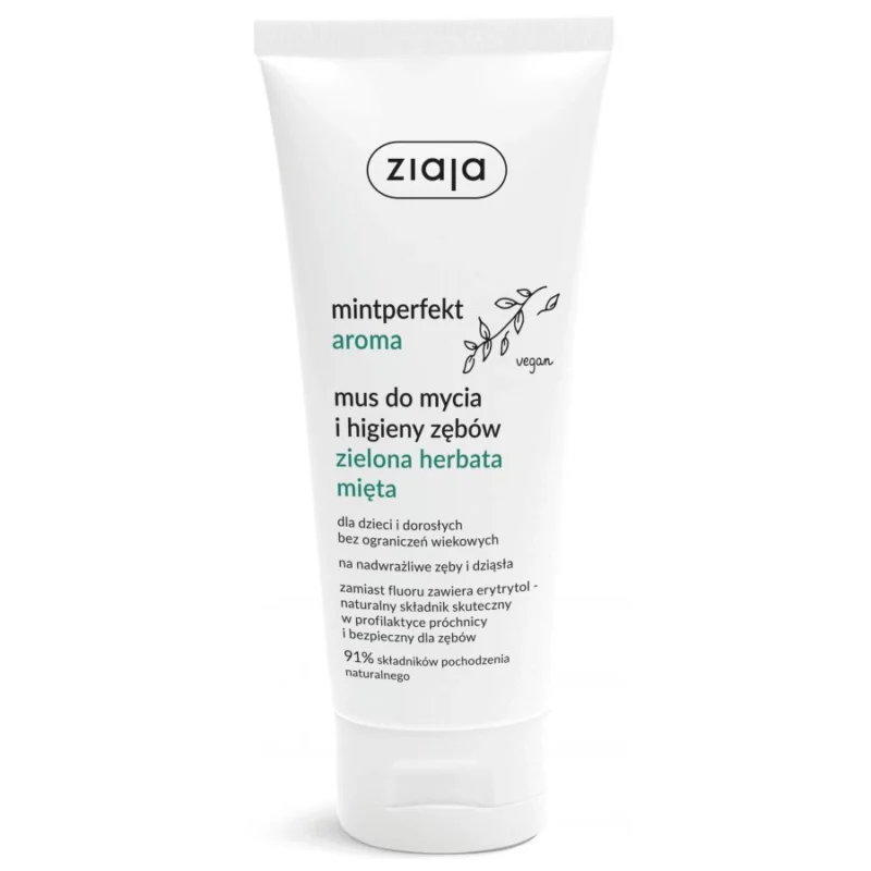 Zahnpflege-Mousse mit grünem Tee und Minze für eine sanfte Reinigung der Zähne und Zunge. Ideal für empfindliche Zähne und für den täglichen Gebrauch