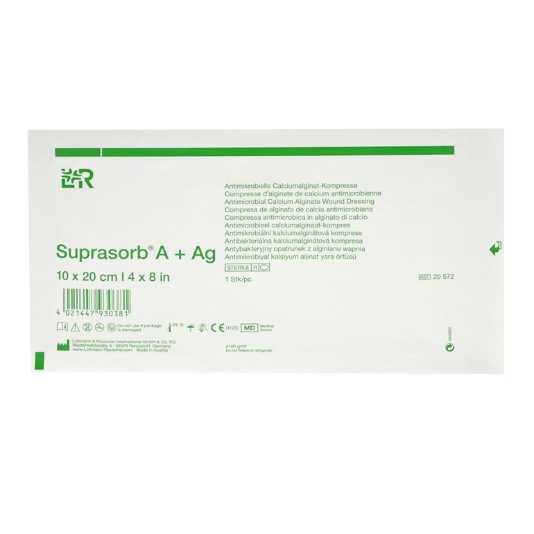 Suprasorb A+Ag Calciumalginat-Verband mit Silber, für stark exsudierende und infizierte Wunden, sterile Wundauflage 10x20 cm
