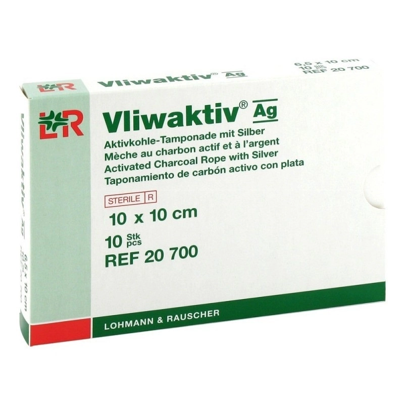 Vliwaktiv Ag Aktivkohle Tamponade mit Silber 10x10cm sterile Wundauflage antibakteriell