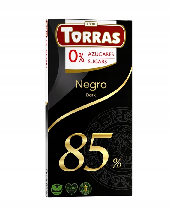 Dunkle Schokolade 85 % Kakao ohne Zucker Torras 75 g – zuckerfreie Zartbitterschokolade für Diabetiker und Low Carb Ernährung