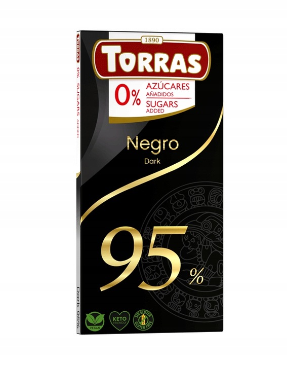 Dunkle Schokolade 95 % Kakao ohne Zucker Torras 75 g – zuckerfreie Zartbitterschokolade für Diabetiker und Keto Ernährung