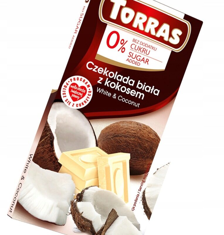 Weiße Schokolade mit Kokos ohne Zucker Torras 75 g – zuckerfreie Schokolade für Diabetiker und Low Carb Ernährung