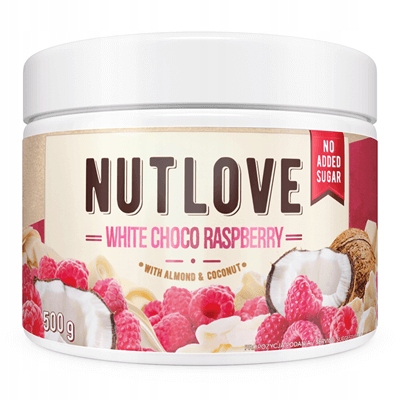 NUTLOVE White Choco Raspberry 500 g – Creme mit weißer Schokolade, Mandeln, Kokos und Himbeeren ohne Zuckerzusatz